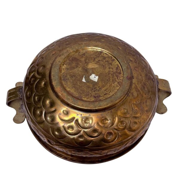 Hammered Metal Bowl with handles 8.75" Round Boho Rustic Decor Brass Tone - Picture 6 of 15